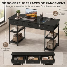 Secretária com espaço de arrumação e tomadas elétricas, 3 gavetas em tecido e 4 prateleiras, 120 x 40 x 76 cm, preta