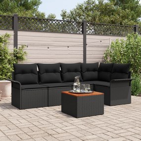 Conjunto de Sofá de Jardim vidaXL de 6 Peças com Almofadas Polirattan Preto Acácia