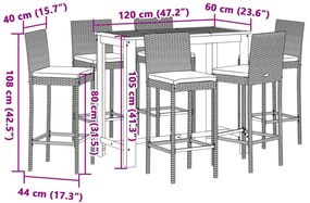 7 pcs conjunto de bar p/ jardim acácia maciça/vime PE cinzento
