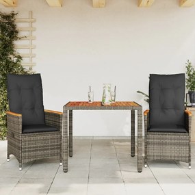 3 pcs conjunto bistrô com almofadões vime PE cinza