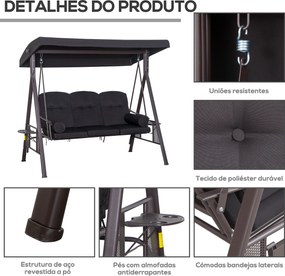 Baloiço de Jardim Faro – 3 Lugares – 206x116x183 cm – Preto – Com Teto