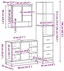 3 pcs Conjunto móveis casa de banho madeira proc. cinza sonoma