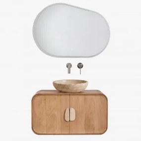 Conjunto De Móvel De Casa De Banho Suspenso 95x45 Cm Em Madeira De Manga E Pedra Natural Kivalina Travertino - Madeira De Mangueira & - Sklum