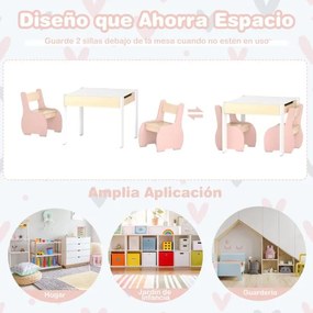 Conjunto de mesa e 2 cadeiras para crianças Mesa de atividades de madeira 4 em 1 para arte, desenho, leitura e quadro removível Rosa