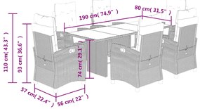 7 pcs conjunto jantar p/ jardim c/ almofadões vime PE castanho