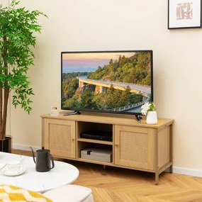 Móvel de TV para televisores até 55" Mesa de consola com 2 armários Estante aberta 5 pernas metálicas e 2 orifícios para cabos Natural