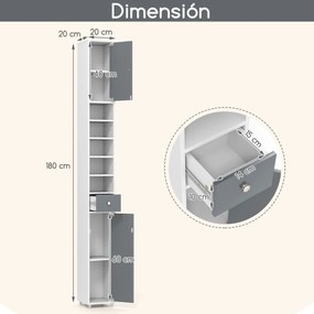 Armário de casa de banho alto e estreito com 2 portas, 1 gaveta e 5 prateleiras ajustáveis 20x20x180 cm cinza e branco