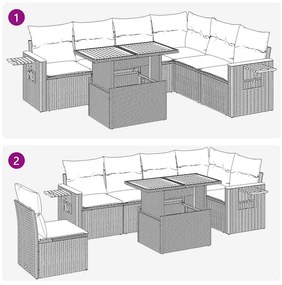 6 pcs conjunto sofás jardim com almofadões vime PE/acácia bege