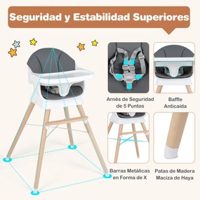 Cadeira de refeição evolutiva para bebés com tabuleiro e almofada removíveis, arnês de 5 pontos, pernas em madeira, banquinho portátil para 6-36 meses