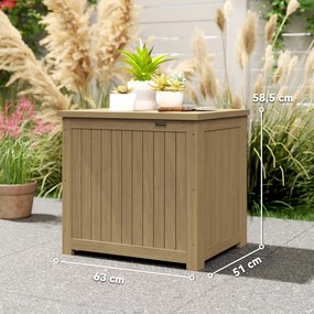 Baú de Exterior em Madeira 130L Arca de Armazenamento com Forro Tampa Articulada e Correia 63x51x58,5 cm Castanho