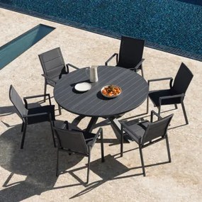 Conjunto De Mesa Extensível Barces 145-200x145 Cm E 6 Cadeiras De Jardim Empilháveis Com Apoios De Braços Em Alumínio Karena Cinza Grafito - Sklum