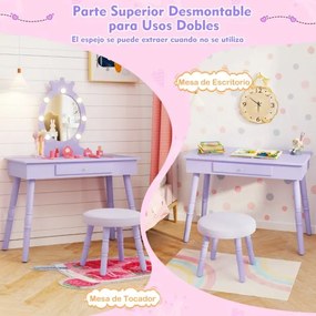 Conjunto de Toucador infantil com espelho iluminado e cadeira de princesa com brilho ajustável Gaveta e banquinho acolchoado roxo