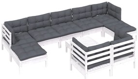 10 pcs conj. lounge de jardim c/ almofadões pinho maciço branco