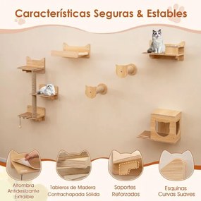 Conjunto de móveis de parede para gatos com 6 peças, rede, torre de salto com 3 níveis e 2 postes para arranhar, área de brincar natural