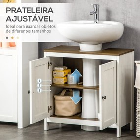 Móvel para Lavatório Pousar Armário para Casa de Banho de Madeira com 2 Portas e Prateleira Ajustável Estilo Moderno 60x30x60cm Branco Envelhecido e M