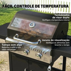 Grelhador a Gás Portátil com 3 Queimadores 7,5 kW Termómetro Mesas Laterais Dobráveis Armário Grelha Aquecedora Chapa 125x57x110 cm Preto