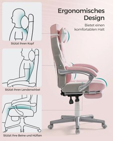Cadeira Gaming com encosto reclinável e almofada para o apoio de cabeça Rosa pastel + branco creme