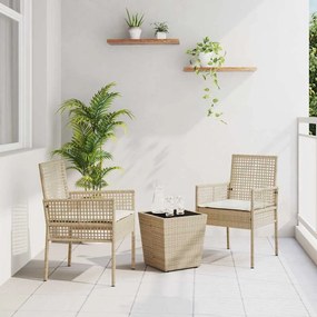 Conjunto de bistrô de jardim vidaXL com 3 peças e almofadas Bege em Rattan Poliéster