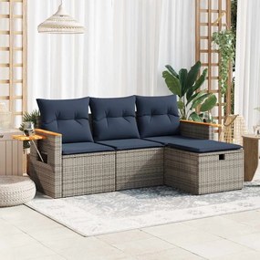 4 pcs conjunto sofás de jardim c/ almofadões vime PE cinzento