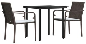 3 pcs conjunto de jantar p/ jardim c/ almofadões vime PE e aço