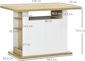 Ilha de Cozinha para 4-6 Pessoas 110x70x75,5 cm Móvel de Cozinha com 4 Portas Compartimentos Abertos  Cor Carvalho e Branco