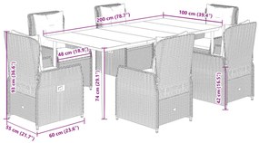 7 pcs conj. jantar p/ jardim c/ almofadões vime PE cinza-claro
