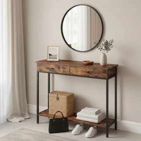 Mesa consola industrial com 2 gavetas 30 x 100 x 80 cm castanho vintage-preto