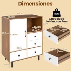 Armário com 4 gavetas e compartimento aberto, com pés de metal 80 x 45,5 x 97,5 cm, cor natural e branco