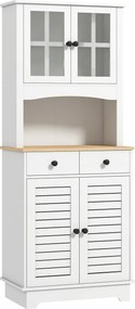 HOMCOM Armário de cozinha com portas de vidro, 2 gavetas, armário de louça, armário de sala de jantar, madeira, 68 x 39,5 x 170 cm, Branco | Aosom Portugal