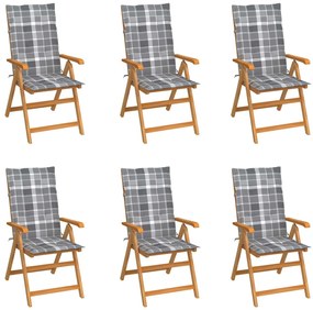 Cadeiras jardim c/ almofadões xadrez cinzento 6 pcs teca maciça