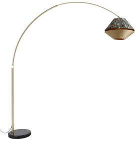 Candeeiro de Arco em Latão com Abajur Duplo de Veludo com Design de Folhas e Bege - XXL Clássico / Antigo,Moderno