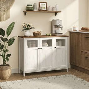 Aparador, Armário de cozinha 35 x 100 x 75 cm com portas de vidro em castanho mel e branco vintage