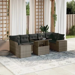 8 pcs conjunto sofás de jardim c/ almofadões vime PE cinzento