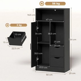 Móvel de Casa de Banho, 50 x 25 x 100 cm, Prateleira Ajustável, Preto