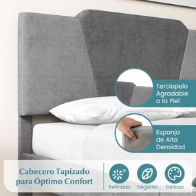 Estrutura de cama em veludo com cabeceira em ripas de madeira maciça para apoio do colchão (Não incluido) Fácil montagem. 208 x 145 x 105 cm. Cinza
