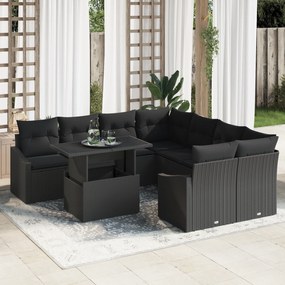 Conjunto de Sofá de Jardim com 9 Peças e Almofadas em Rattan Preto