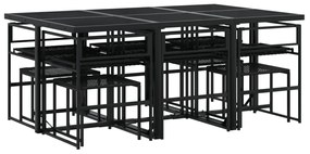 11 pcs conjunto de jantar p/ jardim c/ almofadões vime PE preto