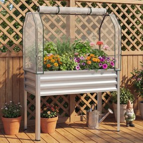 Floreira elevada com estufa 112 x 55 x 152 cm, canteiro de jardim em metal galvanizado com cobertura de proteção e porta enrolável para pátio, terraço