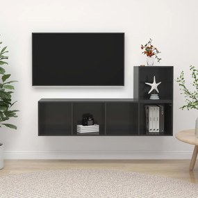 2 pcs conjunto de móveis de TV contraplacado cinzento brilhante