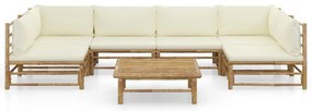 7 pcs conj. lounge p/ jardim em bambu c/ almofadões branco nata