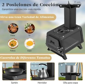Fogão a lenha portátil com 2 posições de cozedura, pega da porta e janela de vidro resistente ao calor para cozinhar campismo