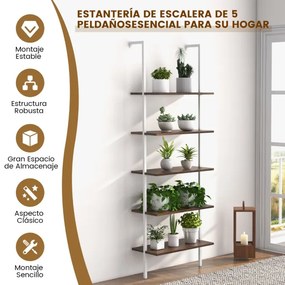 Estante Prateleira escada montada na parede de 5 prateleiras 60 x 30 x 180 cm branco e castanho