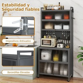 Armário de cozinha 80 x 40 x 178 cm com 6 níveis com prateleiras Portas basculantes Bancada para micro-ondas Cinzento