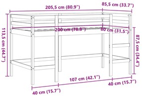 Cama alta p/criança c/escada 80x200cm pinho maciço castanho-mel