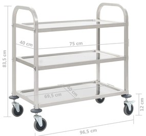 Carrinho de cozinha de 3 níveis 95x45x83,5 cm aço inoxidável