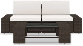 3 pcs conjunto lounge para jardim vime PE castanho