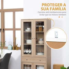 HOMCOM Armário de Cozinha Móvel Auxiliar de Cozinha com 1 Gaveta 4 Portas de Vidro Prateleiras Ajustáveis e Pés Elevados para Sala de Jantar Sala de Estar Anti-Tombamento 76x40x183cm Carvalho