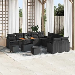 vidaXL Conjunto de Sofá de Jardim com 13 peças e almofadas pretas, em rattan e poliéster, madeira de acácia.