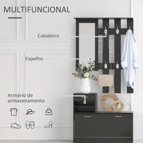 Móvel Cabide de Entrada  com Espelho Cabide e Sapateira Móveis de Entrada de 2 Peças com 6 Ganchos Preto