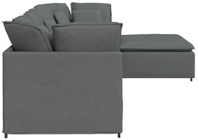 Sofá modular com pufes e almofadas tecido cinzento-escuro